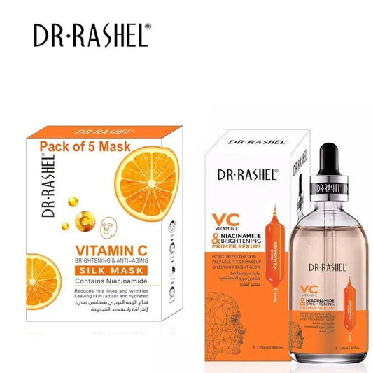 Buy Dr Rashel Vitamin C Niacinamide & Brightening Primer Serum Vitamin C Brightening & Anti-Aging Silk Mask - Pack Of 5 Masks in Pakistan