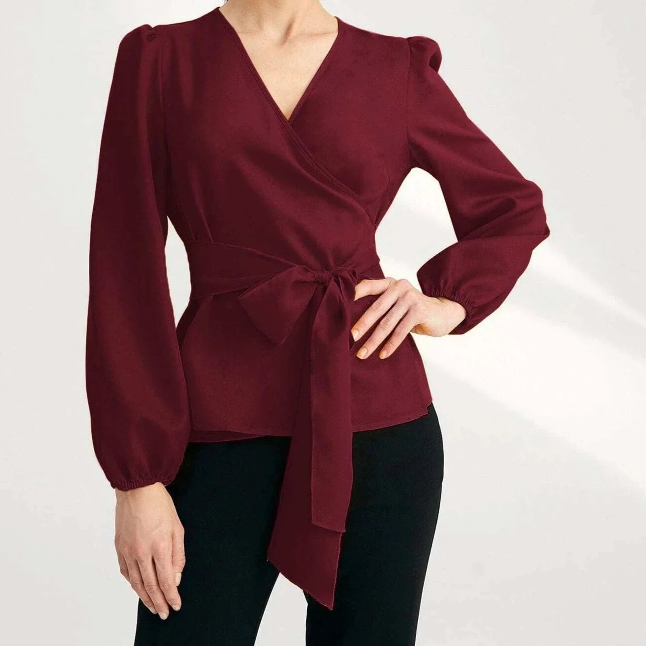 Buy Shein Solid Surplice Front Belted Blouse in Pakistan