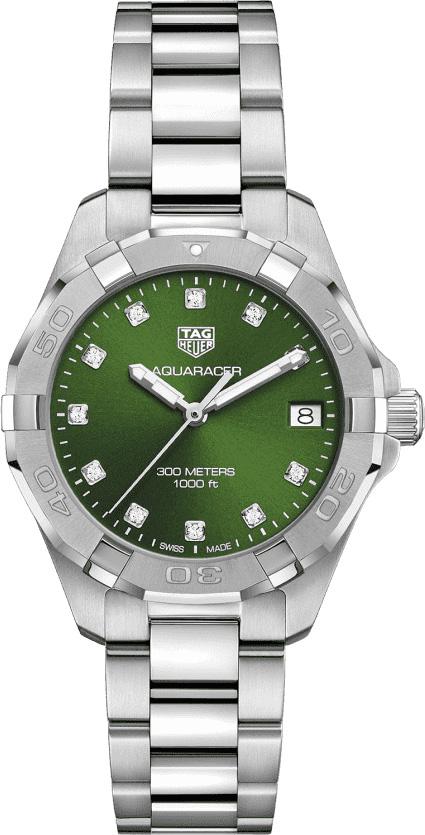 Tag Heuer Aquaracer Green Dial with Diamonds Silver Steel Strap Watch