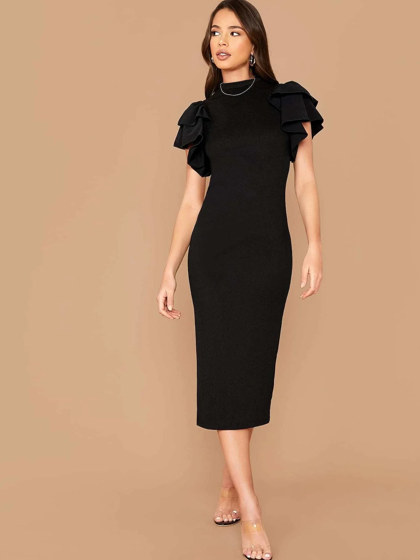 Buy Shein Layered Flutter Sleeve Split Back Bodycon Dress in Pakistan