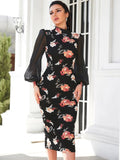 Buy Shein Modely Floral Print Contrast Mesh Lantern Sleeve Slit Back Bodycon Dress in Pakistan