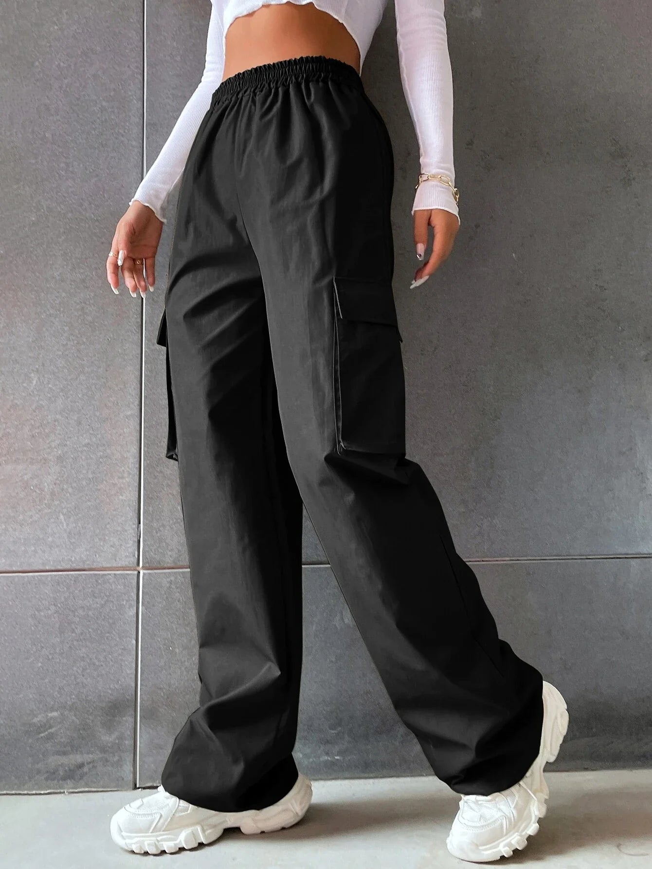 Buy Shein Ezwear Solid High Waist Flap Pocket Cargo Pants in Pakistan
