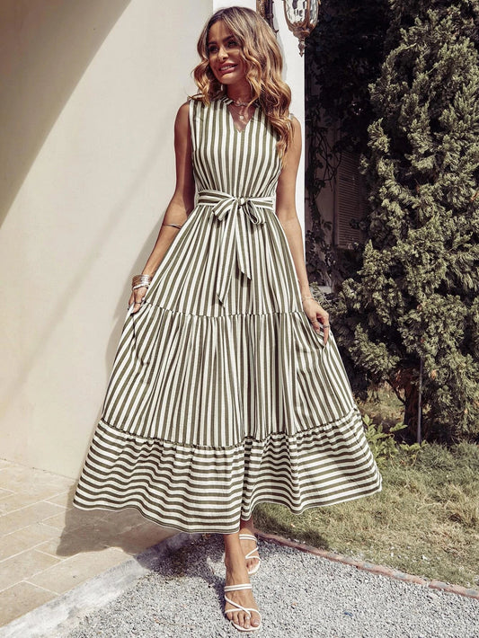 Buy Shein Striped Notched Neck Ruffle Hem Belted Dress in Pakistan