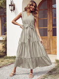 Buy Shein Striped Notched Neck Ruffle Hem Belted Dress in Pakistan