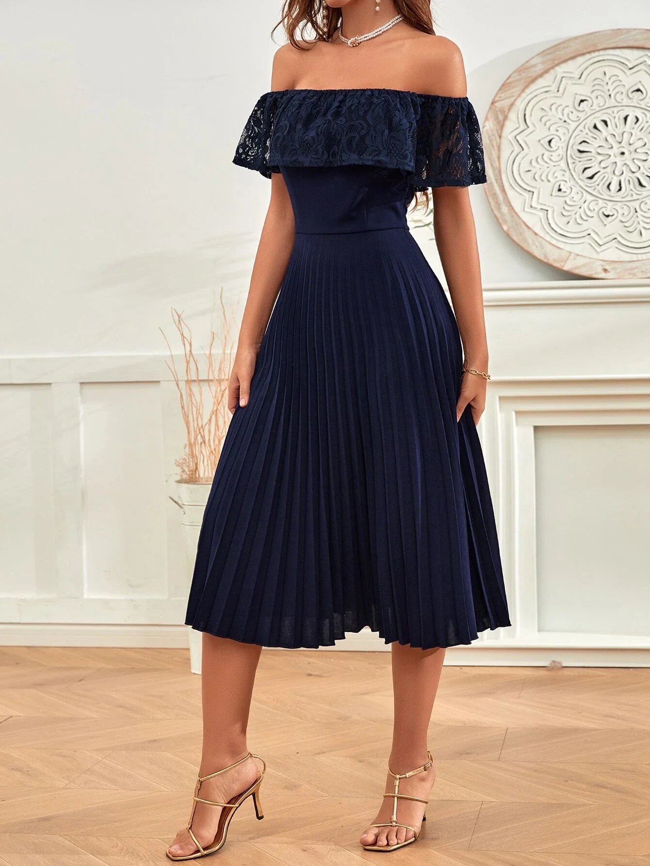 Buy Shein Off The Shoulder Contrast Lace Pleated Dress in Pakistan
