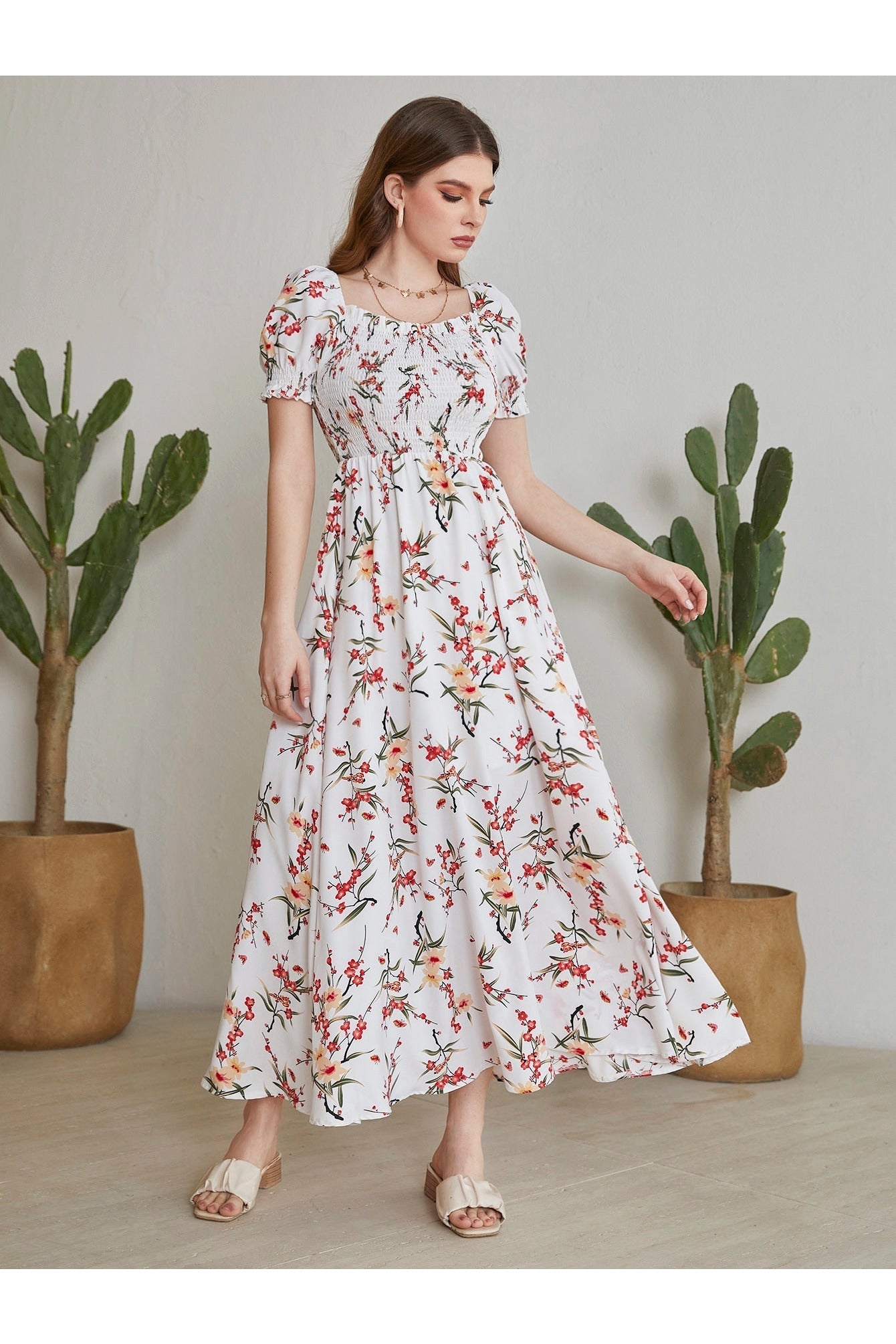 Buy Shein Floral Square Neck Shirred A-line Dress - Large in Pakistan