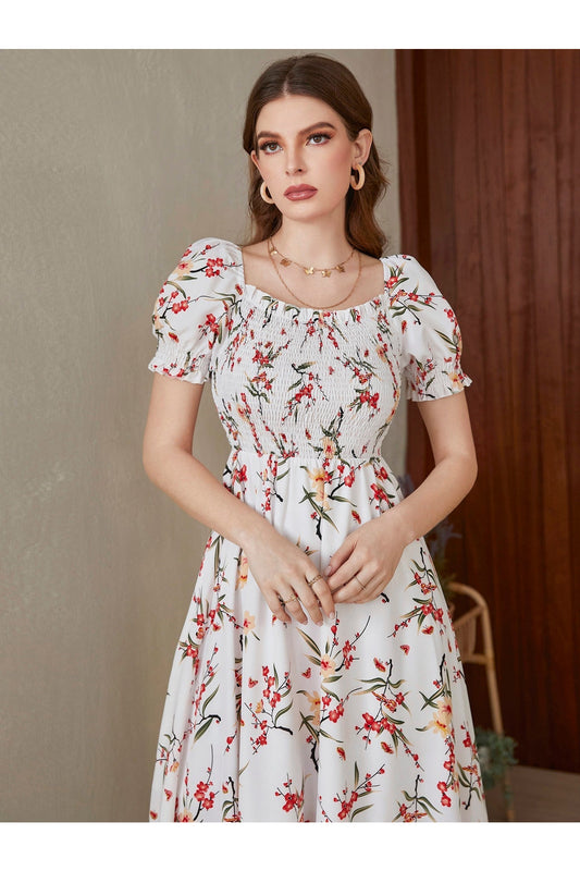 Buy Shein Floral Square Neck Shirred A-line Dress - Large in Pakistan