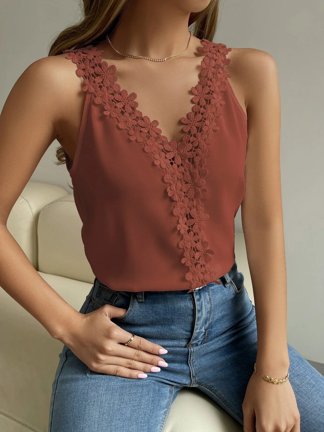 Shein Guipure Lace V Neck Tank Top