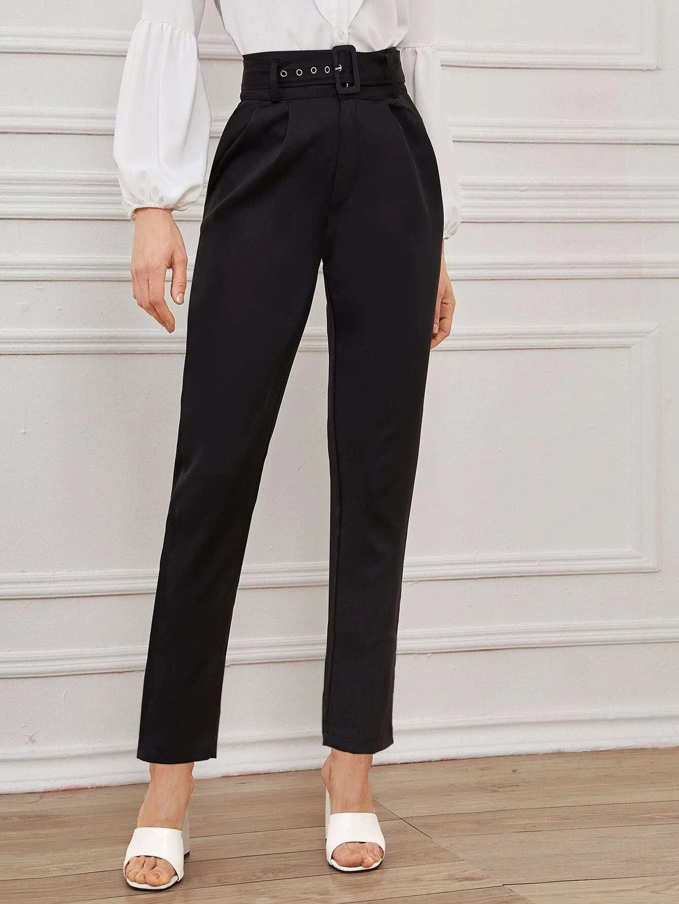 SHEIN Fold Pleated Front Solid Tailored Pants