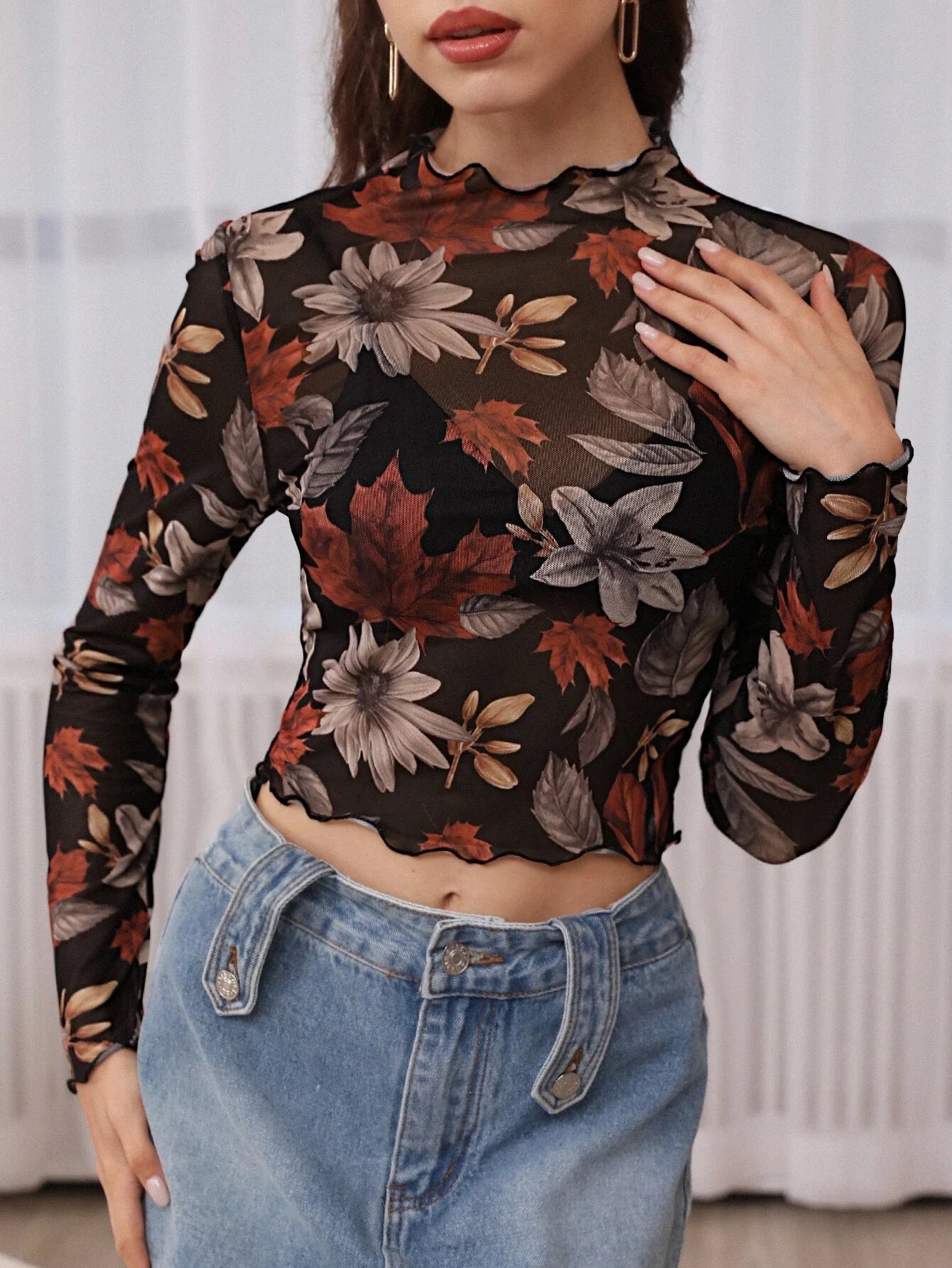 Buy Shein Unity Floral Print Lettuce Trim Crop Mesh Top Without Bra in Pakistan