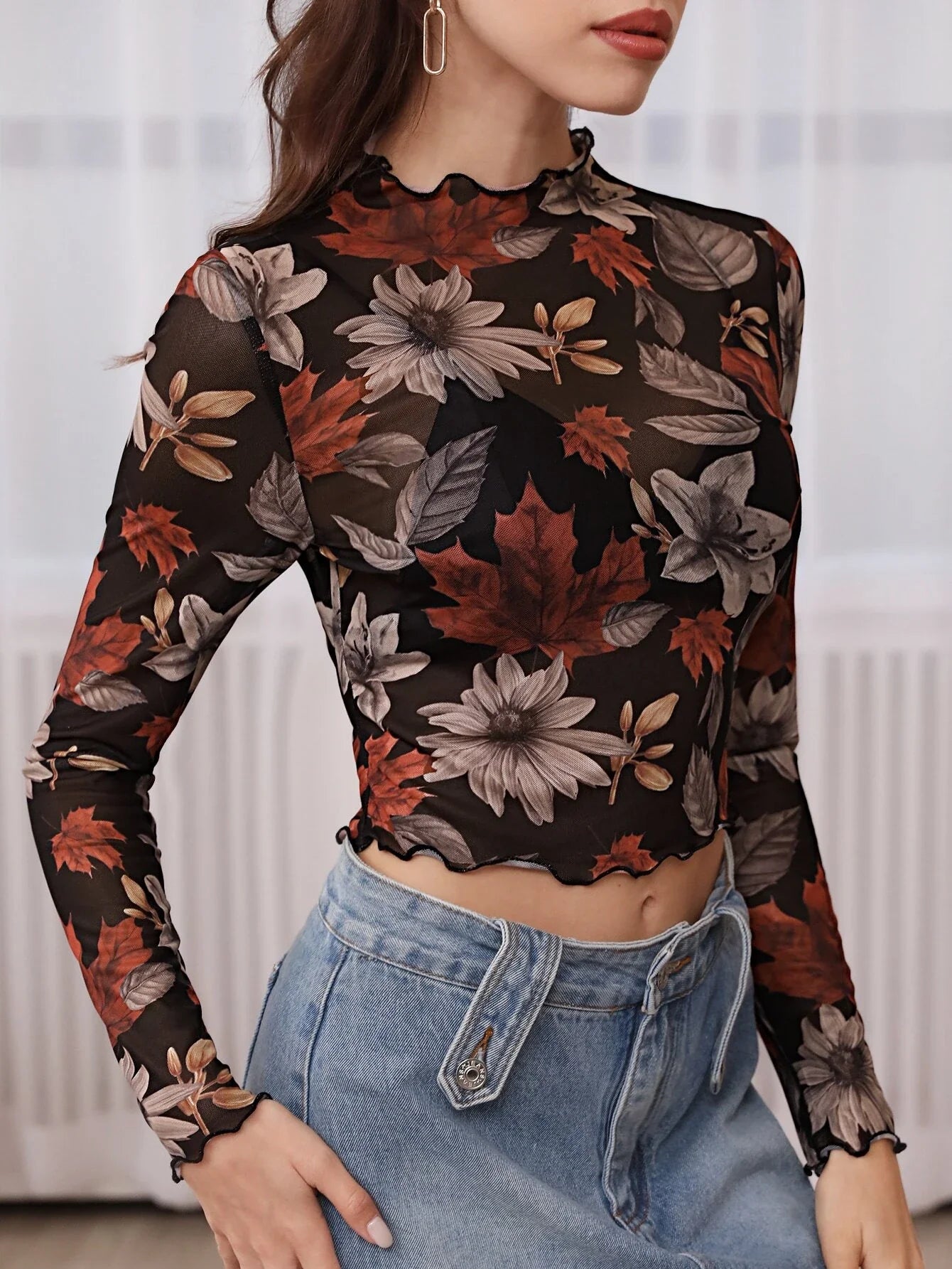 Buy Shein Unity Floral Print Lettuce Trim Crop Mesh Top Without Bra in Pakistan
