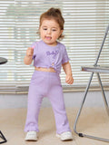 Buy Shein Baby Letter Embroidery Lettuce Trim Knot Front Tee & Flare Leg Pants in Pakistan