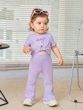 Buy Shein Baby Letter Embroidery Lettuce Trim Knot Front Tee & Flare Leg Pants in Pakistan