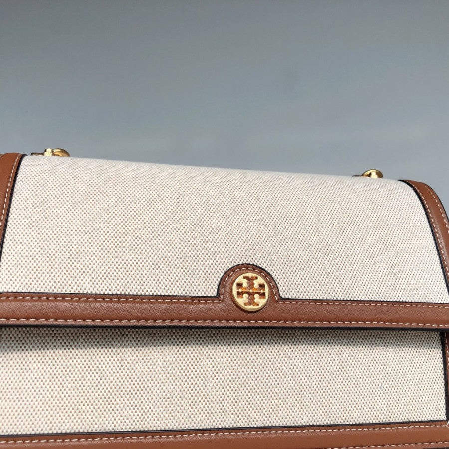 Tory Burch T Monogram Canvas Shoulder Medium Bag - Natural