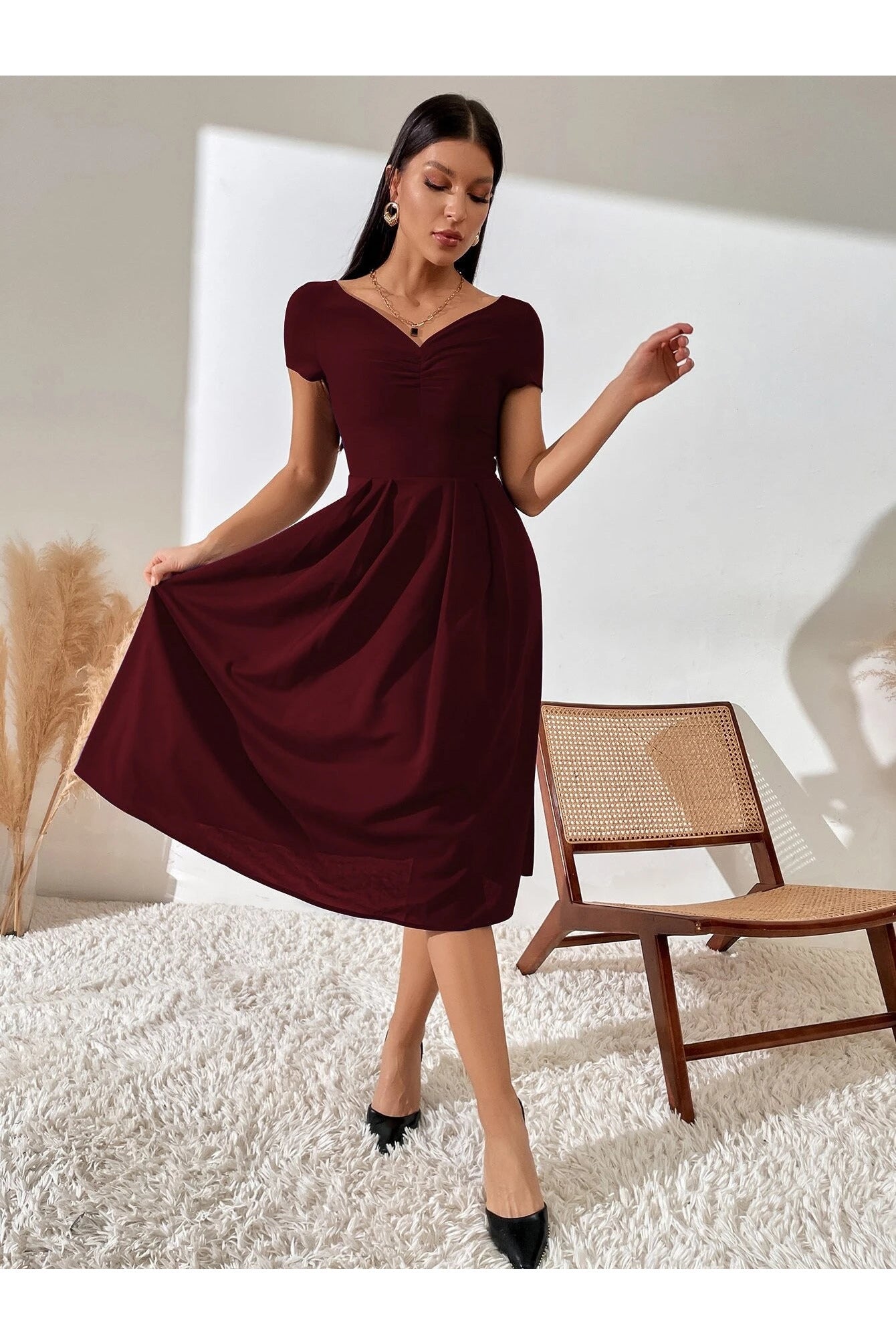Buy Shein Ruched Pleated Detail A line Dress in Pakistan