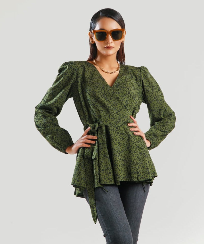 Negative Apparel Allover Print Lantern Sleeve Peplum Blouse FD - Multi