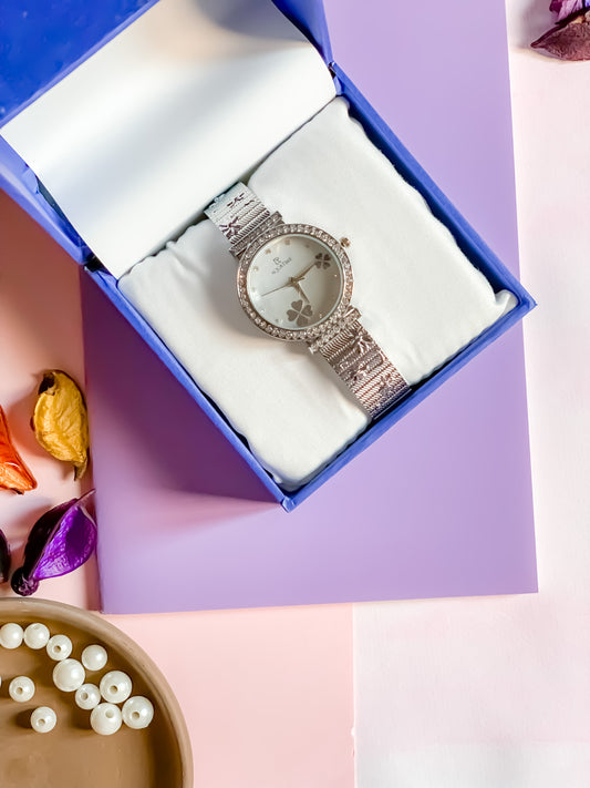 Buy Women Watch Premium Wrist 1 Silver Dial Gift Set Box in Pakistan