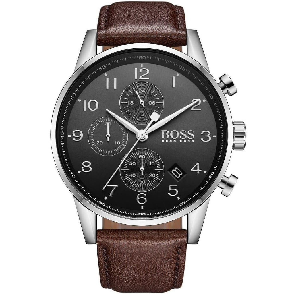 Hugo Boss Quartz Brown Leather Strap Black Dial 44mm Watch - 1513494