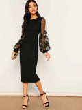 Buy SHEIN Embroidery Mesh Insert Bishop Sleeve Fitted Dress in Pakistan