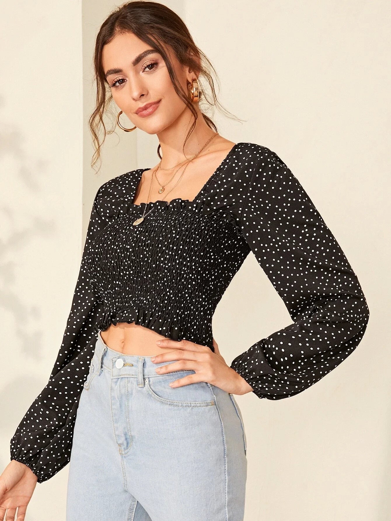 Buy SHEIN Polka Dot Smocked Lettuce-Edge Crop Top in Pakistan