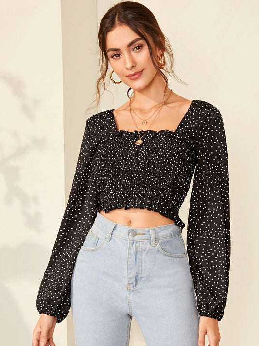 Buy SHEIN Polka Dot Smocked Lettuce-Edge Crop Top in Pakistan