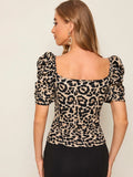 Buy SHEIN Puff Sleeve Leopard Print Tee in Pakistan