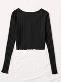 Buy SHEIN EZwear Button Front Lettuce Trim Rib-knit Tee in Pakistan