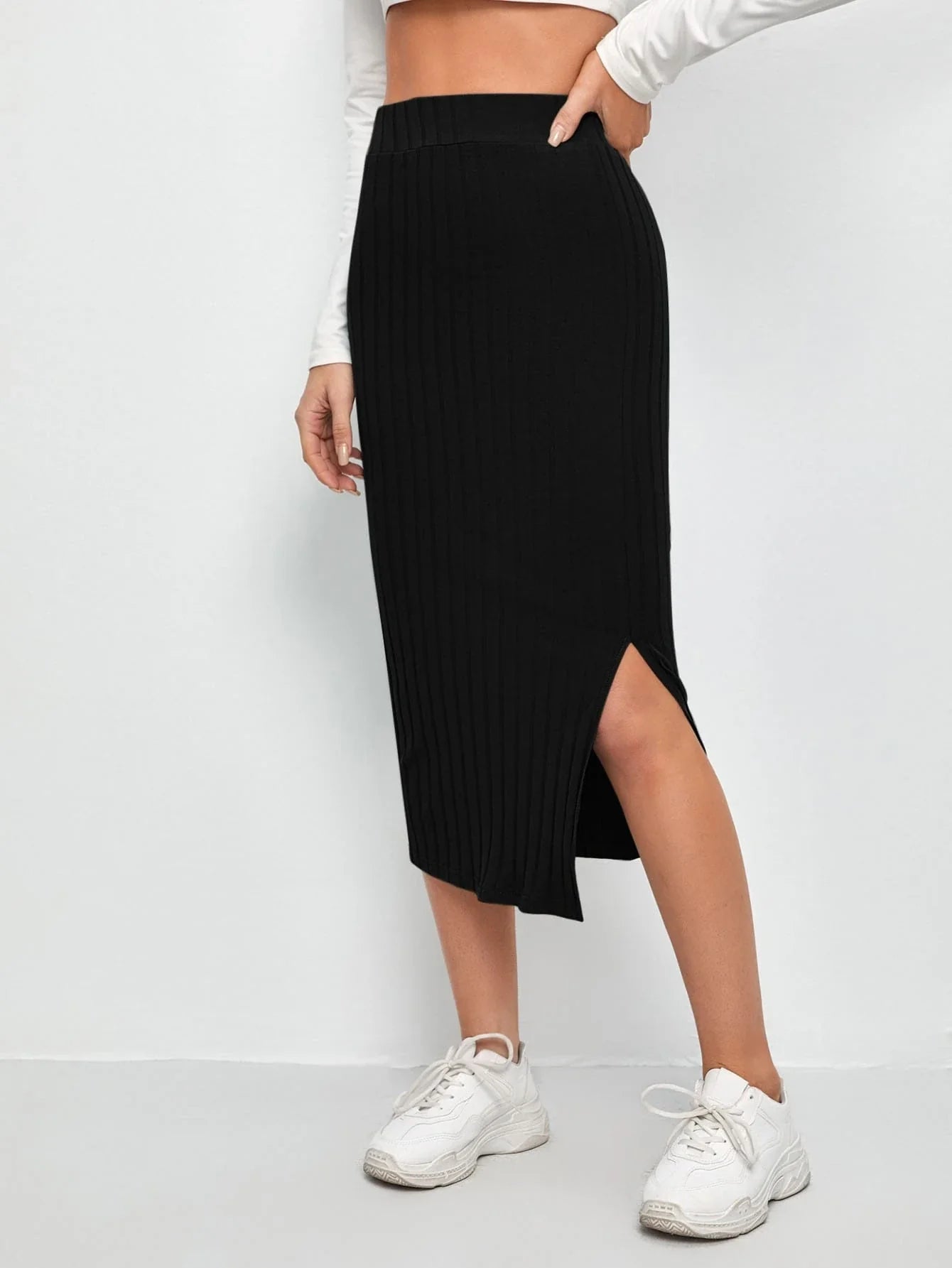 Buy SHEIN Slit Hem Rib-knit Pencil Skirt in Pakistan