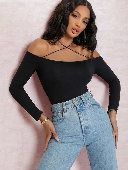 Buy SHEIN BAE Off-the-Shoulder Strappy Self-Tie Choker Bodysuit in Pakistan