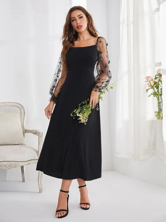 Buy Shein Embroidery Mesh Flounce Sleeve A-line Dress in Pakistan