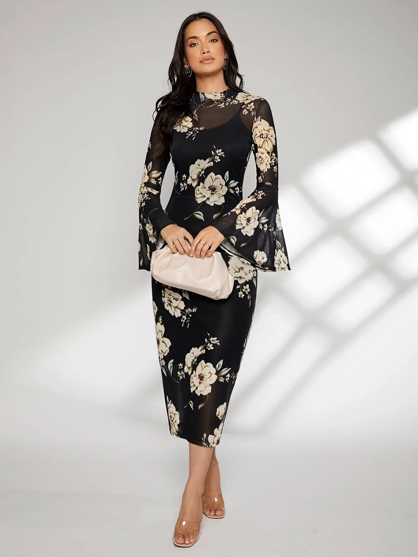 Buy SHEIN Floral Print Bell Sleeve Split Back Dress in Pakistan