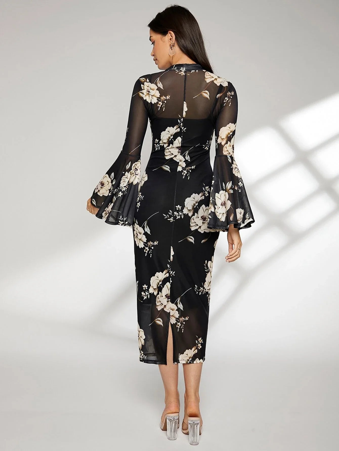 Buy SHEIN Floral Print Bell Sleeve Split Back Dress in Pakistan