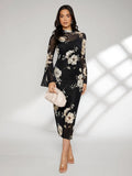 Buy SHEIN Floral Print Bell Sleeve Split Back Dress in Pakistan