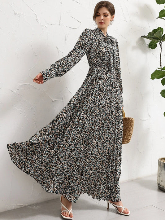 Buy SHEIN Mulvari Ditsy Floral Tie Neck Pleated Shirt Dress in Pakistan