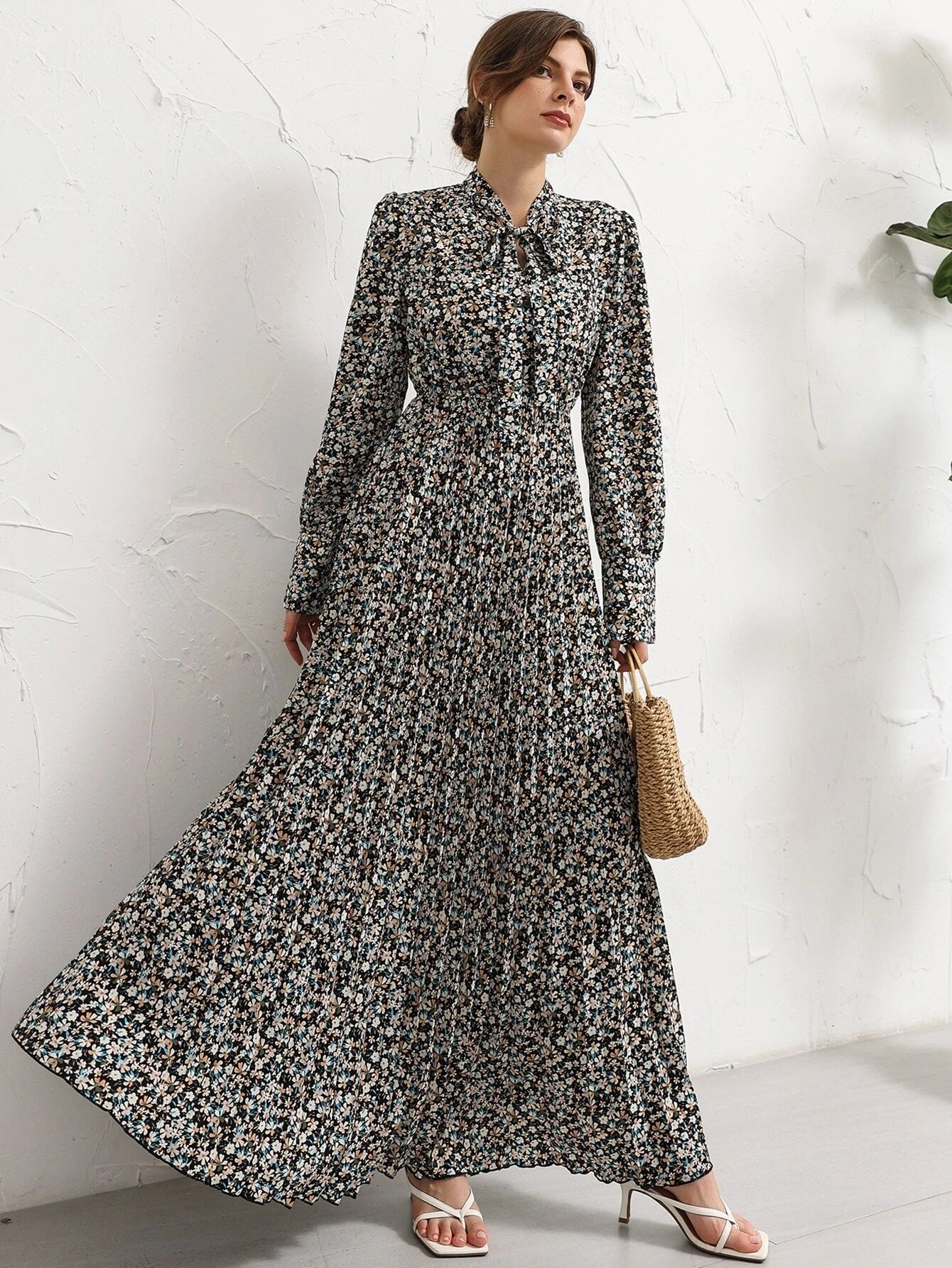 Buy SHEIN Mulvari Ditsy Floral Tie Neck Pleated Shirt Dress in Pakistan