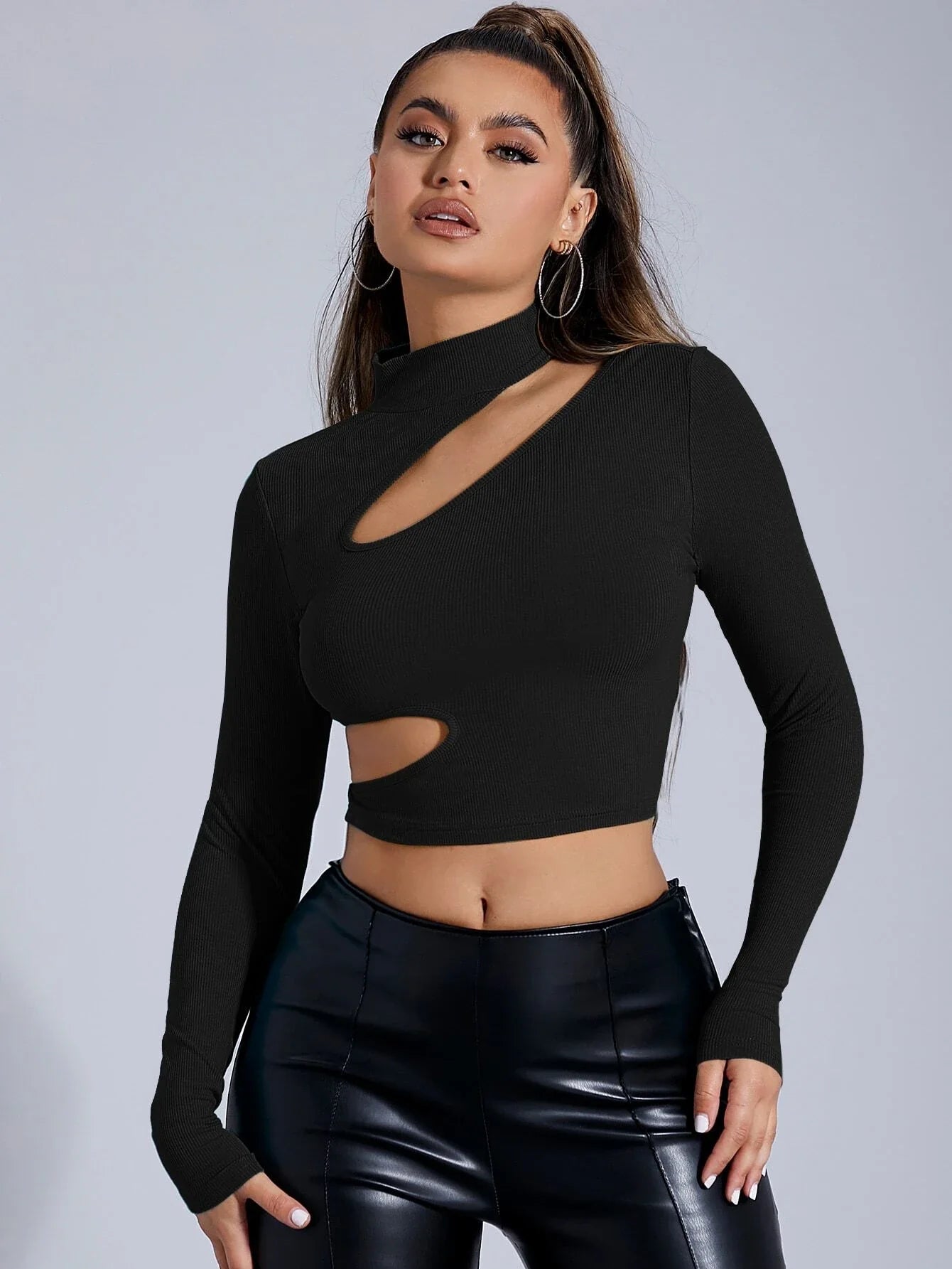 Buy SHEIN SXY Stand Collar Cutout Crop Tee in Pakistan