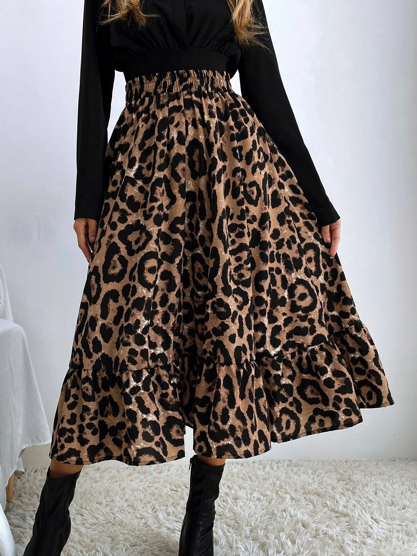 Buy SHEIN Leopard Print Ruffle Hem Skirt in Pakistan