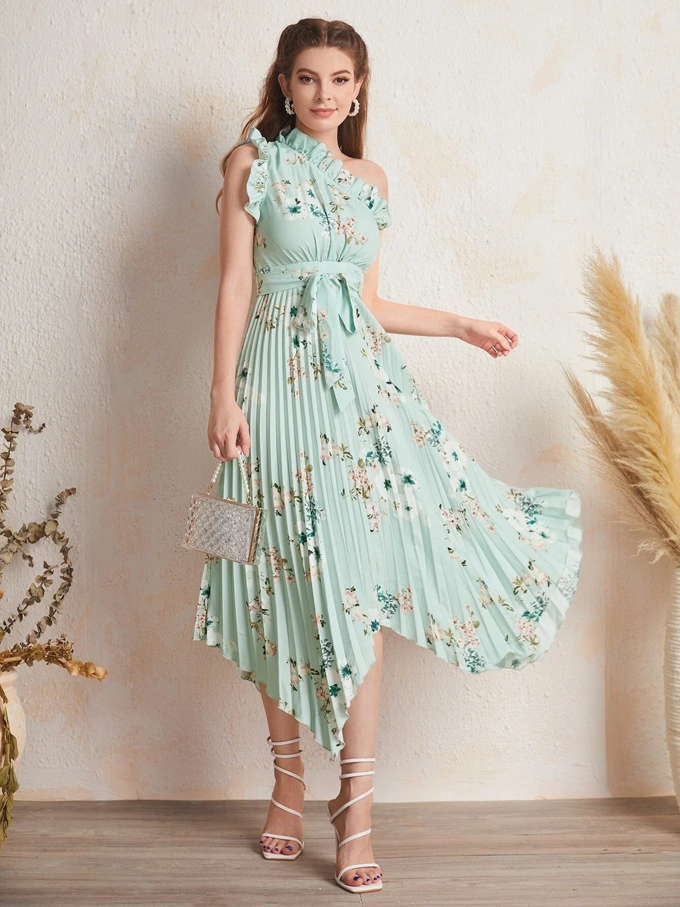 Buy SHEIN Ruffle Trim One Shoulder Pleated Hanky Hem Belted Floral Dress in Pakistan