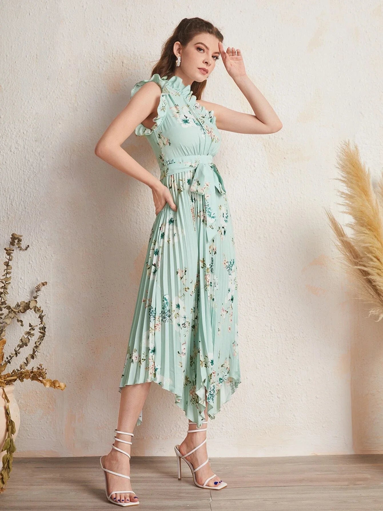 Buy SHEIN Ruffle Trim One Shoulder Pleated Hanky Hem Belted Floral Dress in Pakistan