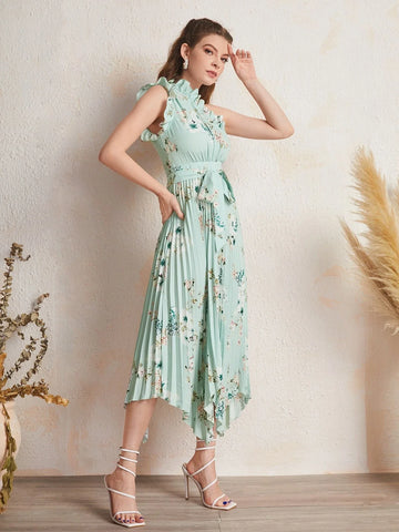 Buy SHEIN Ruffle Trim One Shoulder Pleated Hanky Hem Belted Floral Dress in Pakistan