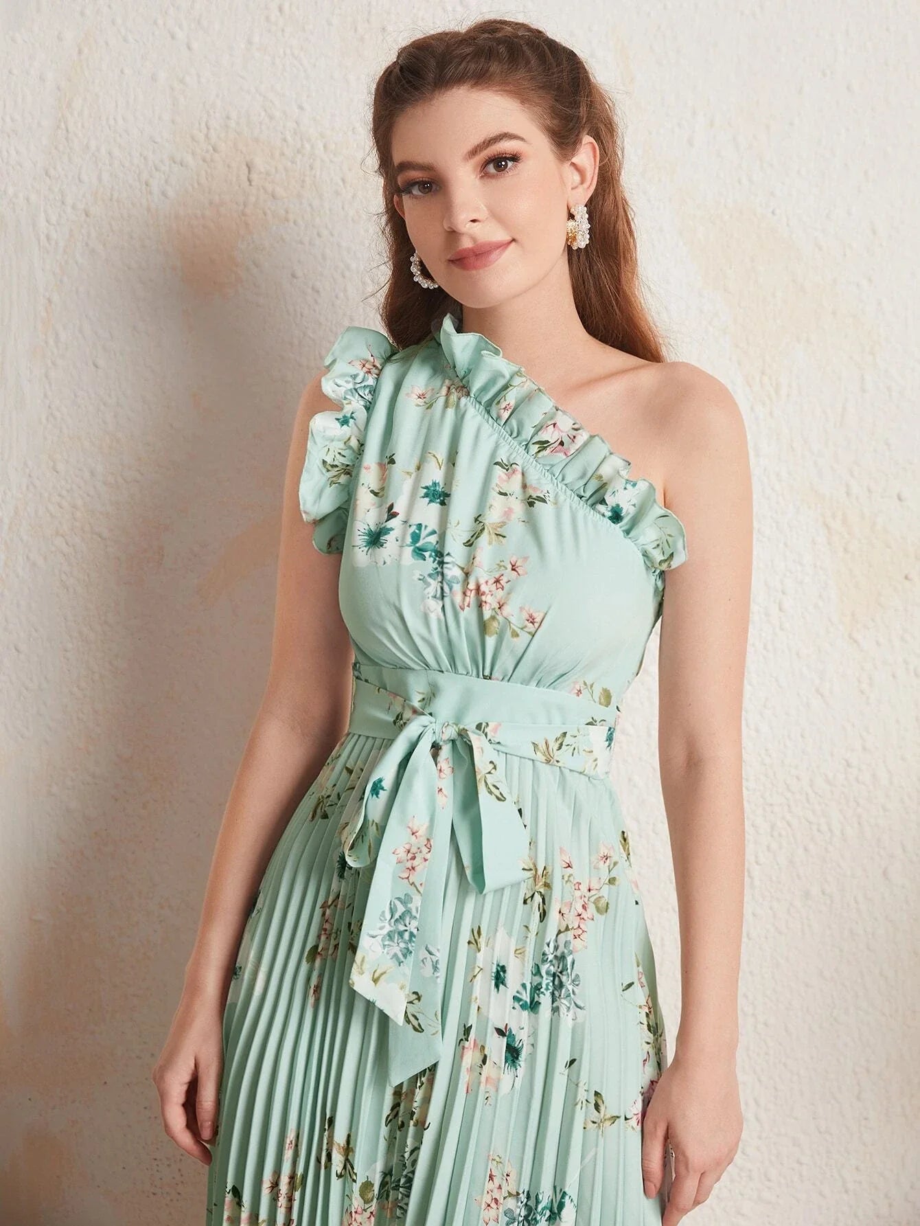 Buy SHEIN Ruffle Trim One Shoulder Pleated Hanky Hem Belted Floral Dress in Pakistan