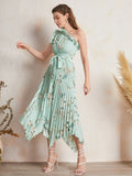 Buy SHEIN Ruffle Trim One Shoulder Pleated Hanky Hem Belted Floral Dress in Pakistan