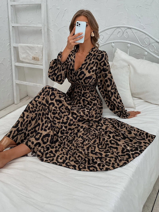 Buy SHEIN Leopard Print Flounce Sleeve Shirred Dress in Pakistan