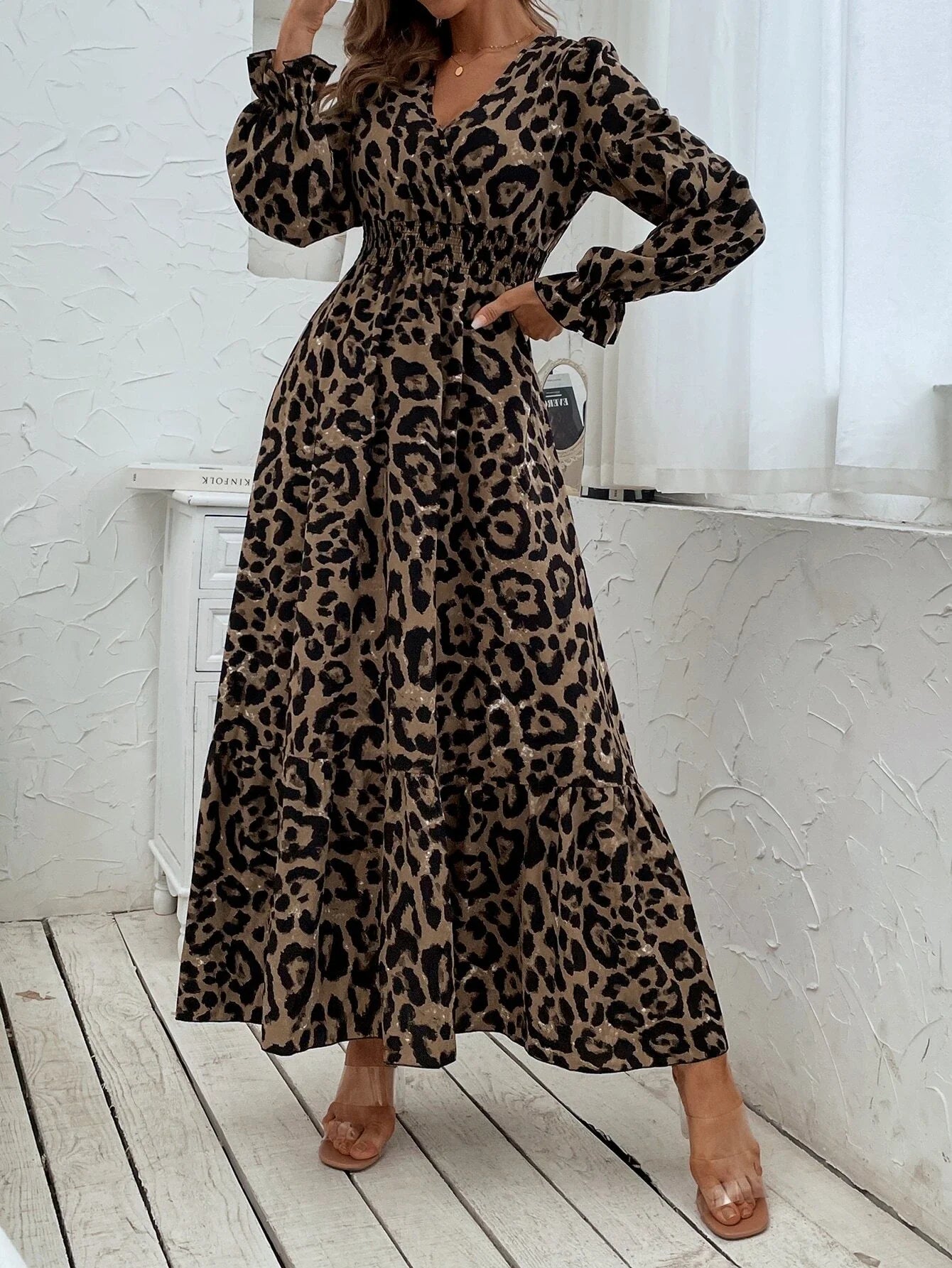 Buy SHEIN Leopard Print Flounce Sleeve Shirred Dress in Pakistan