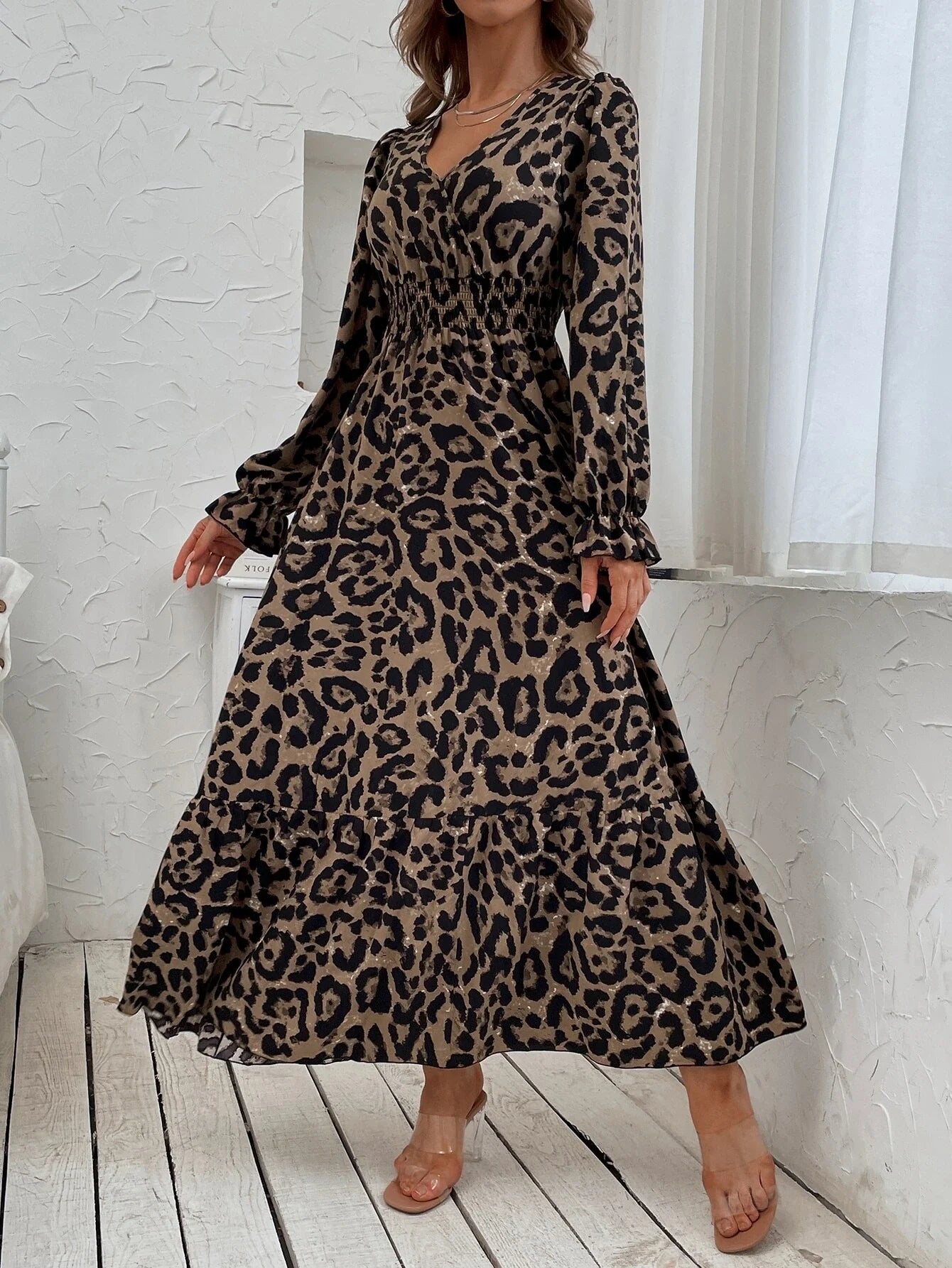 Buy SHEIN Leopard Print Flounce Sleeve Shirred Dress in Pakistan