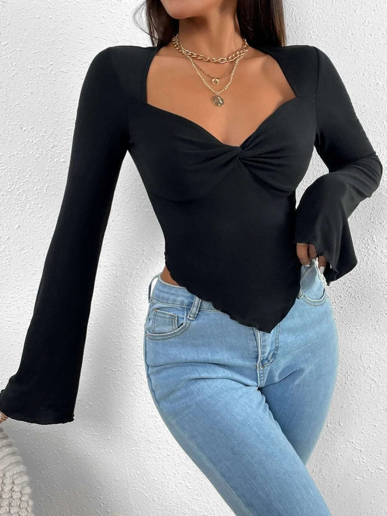 Buy SHEIN Trumpet Sleeve Lettuce Trim Twist Hanky Hem Crop Tee in Pakistan