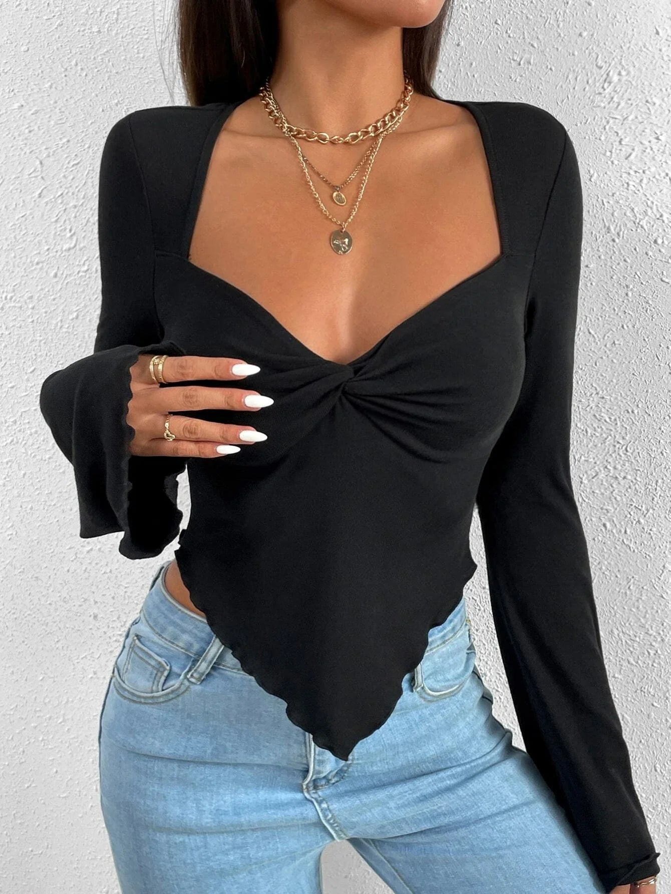 Buy SHEIN Trumpet Sleeve Lettuce Trim Twist Hanky Hem Crop Tee in Pakistan