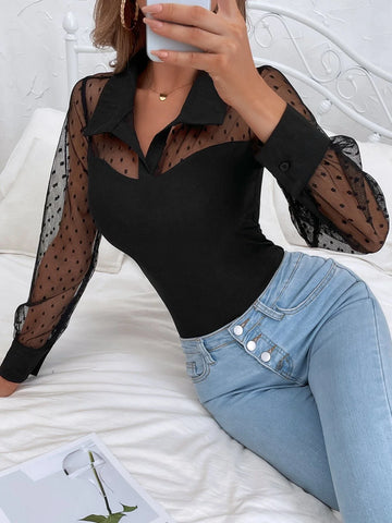 Buy SHEIN Frenchy Dobby Mesh Panel Bodysuit in Pakistan