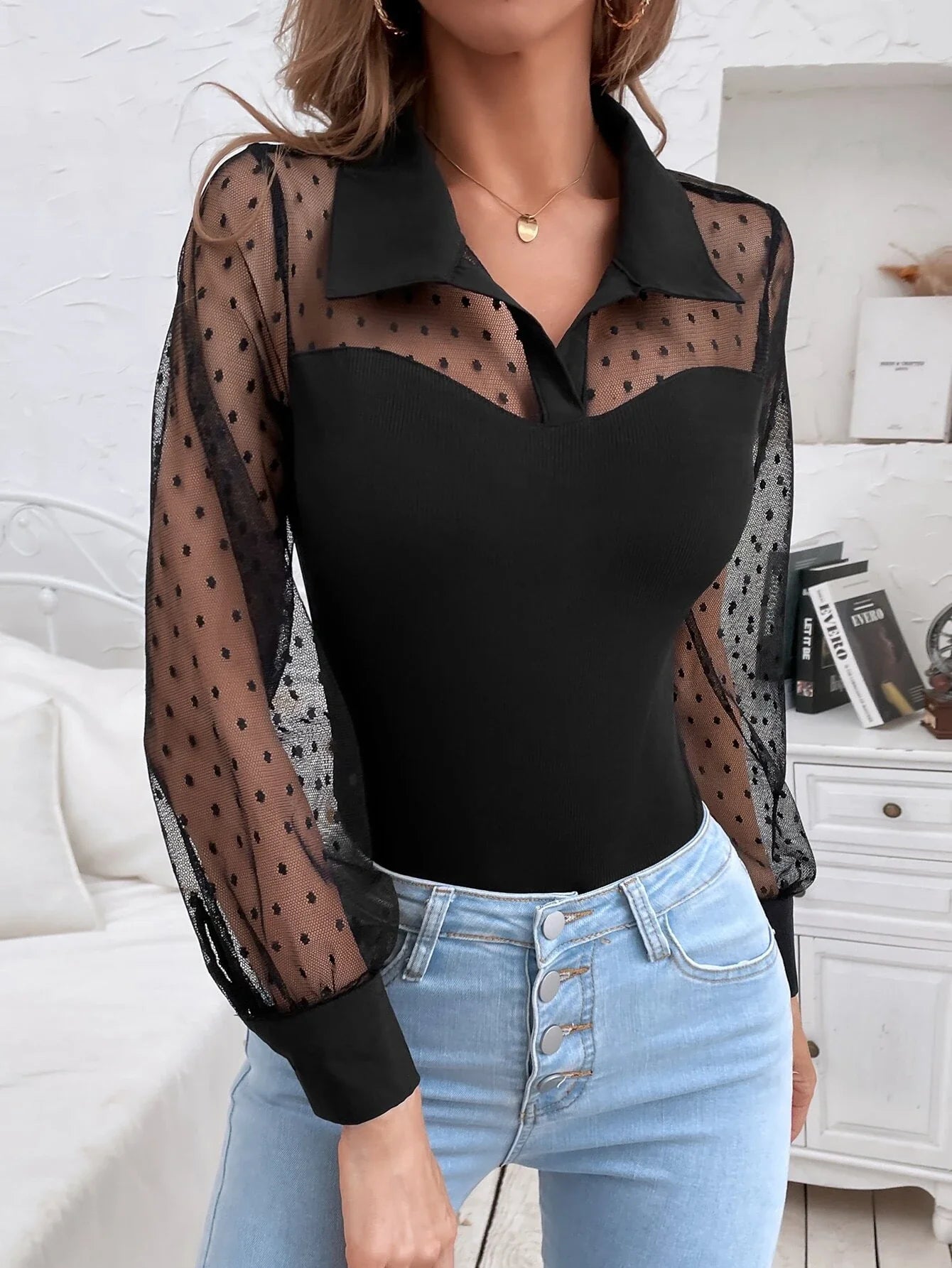 Buy SHEIN Frenchy Dobby Mesh Panel Bodysuit in Pakistan