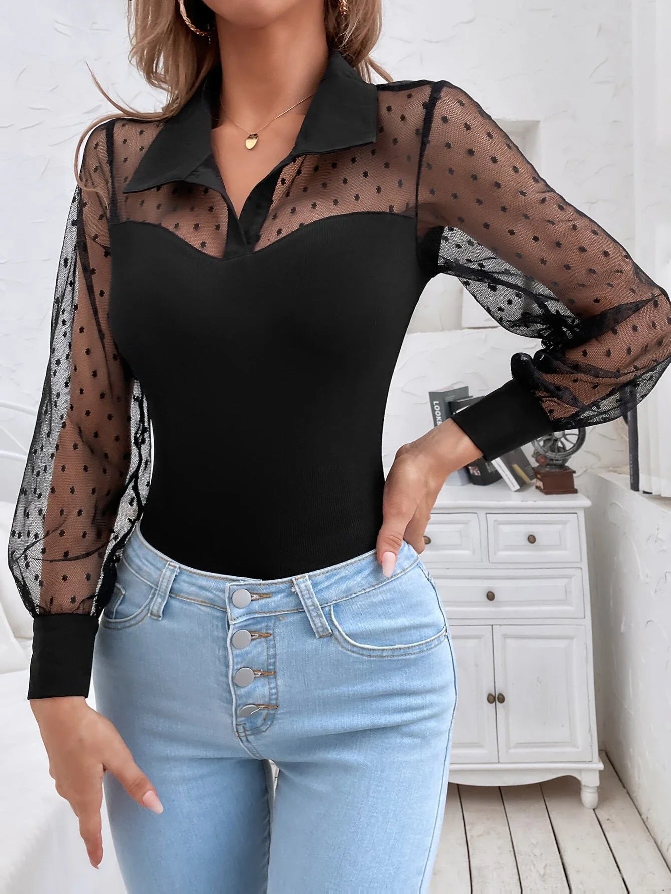 Buy SHEIN Frenchy Dobby Mesh Panel Bodysuit in Pakistan